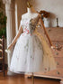 Ivory Tulle Knee Length Scoop Short Party Dress, Ivory Floral Lace Applique Homecoming Dress